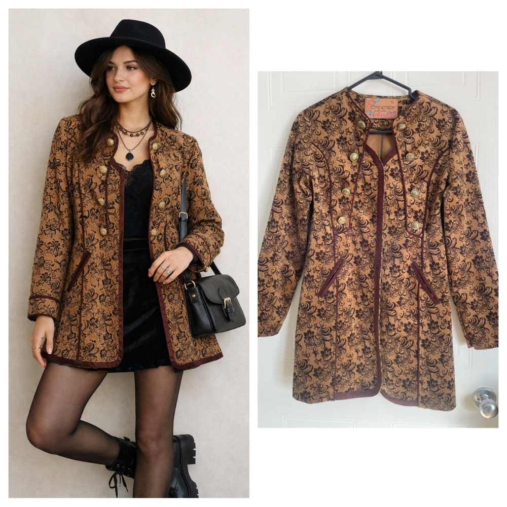 Jacquard Brocade Coat Brown Floral XL